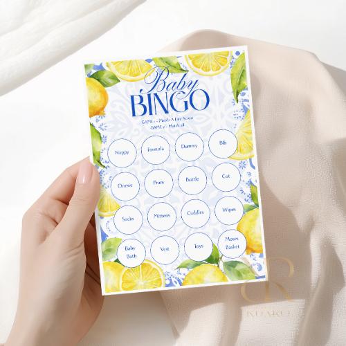 Baby bingo baby shower game cards in a lemon Amalfi Coast theme