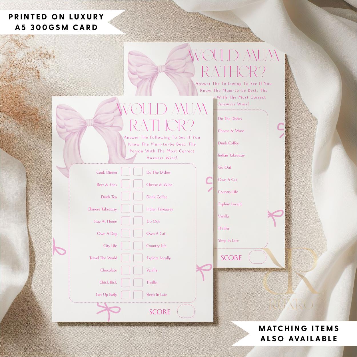 Would Mum Rather baby shower game card in a pink bow theme