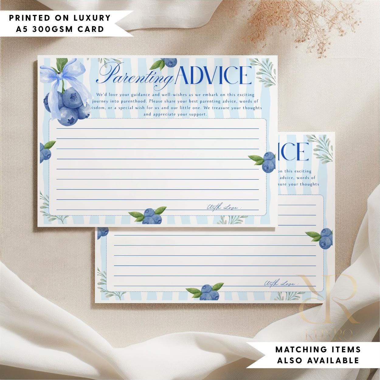 Parenting advice baby shower cards in a blueberry theme