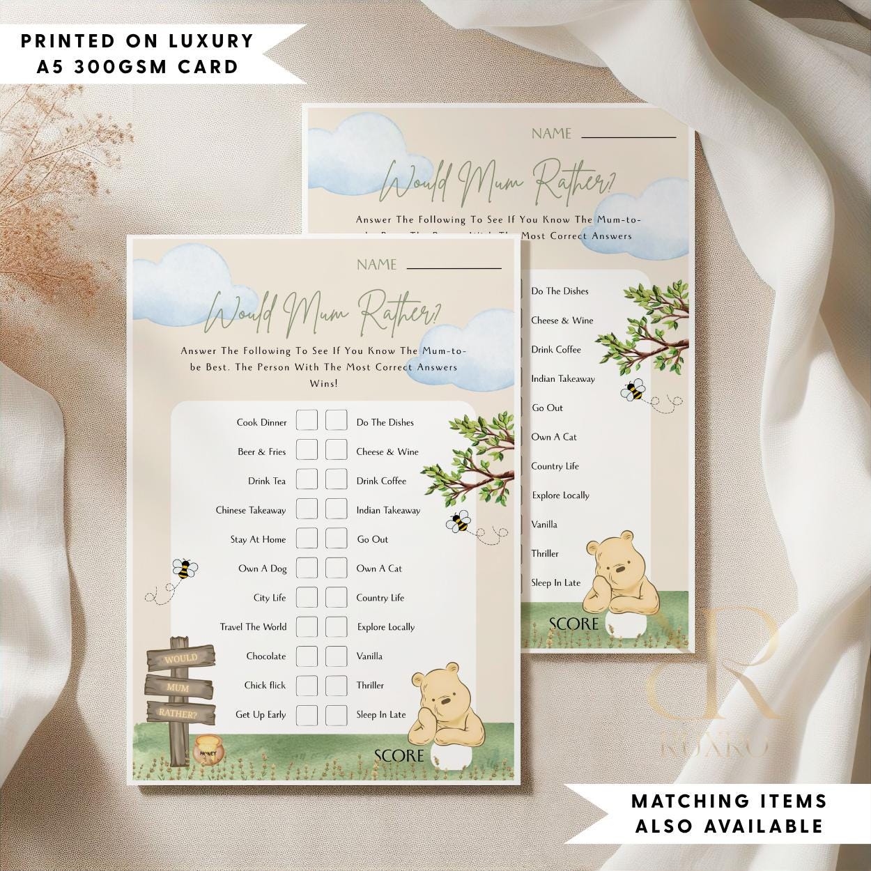 Would Mum Rather baby shower game card in a Classic Winnie the Pooh theme