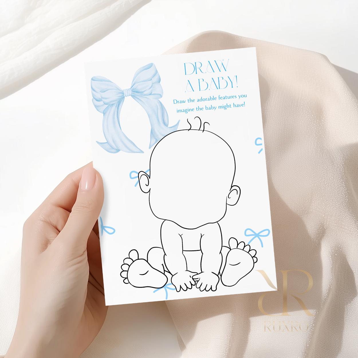 Draw a Baby baby shower game card in a blue bow theme