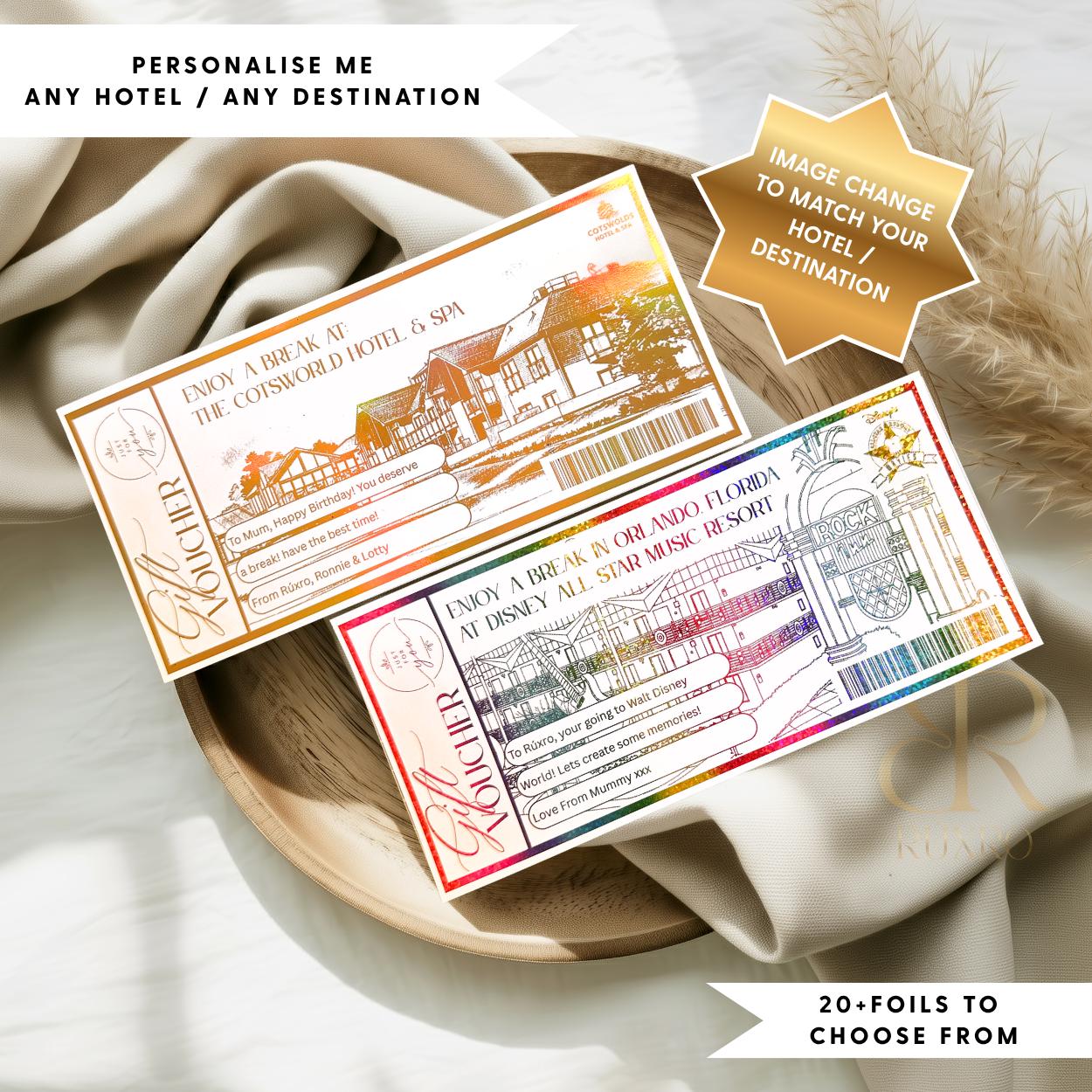 Personalised foil holiday reveal ticket keepsake for any hotel or destination