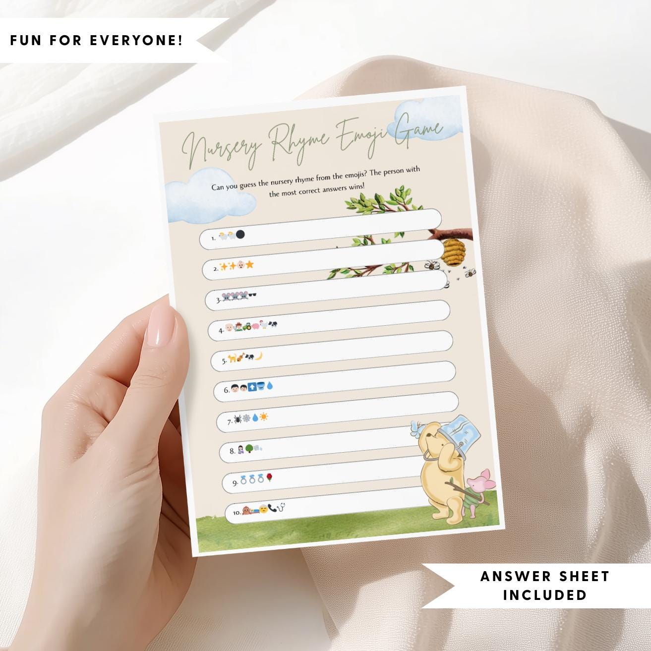 Nursery rhyme emoji baby shower game card in a Classic Winnie the Pooh theme