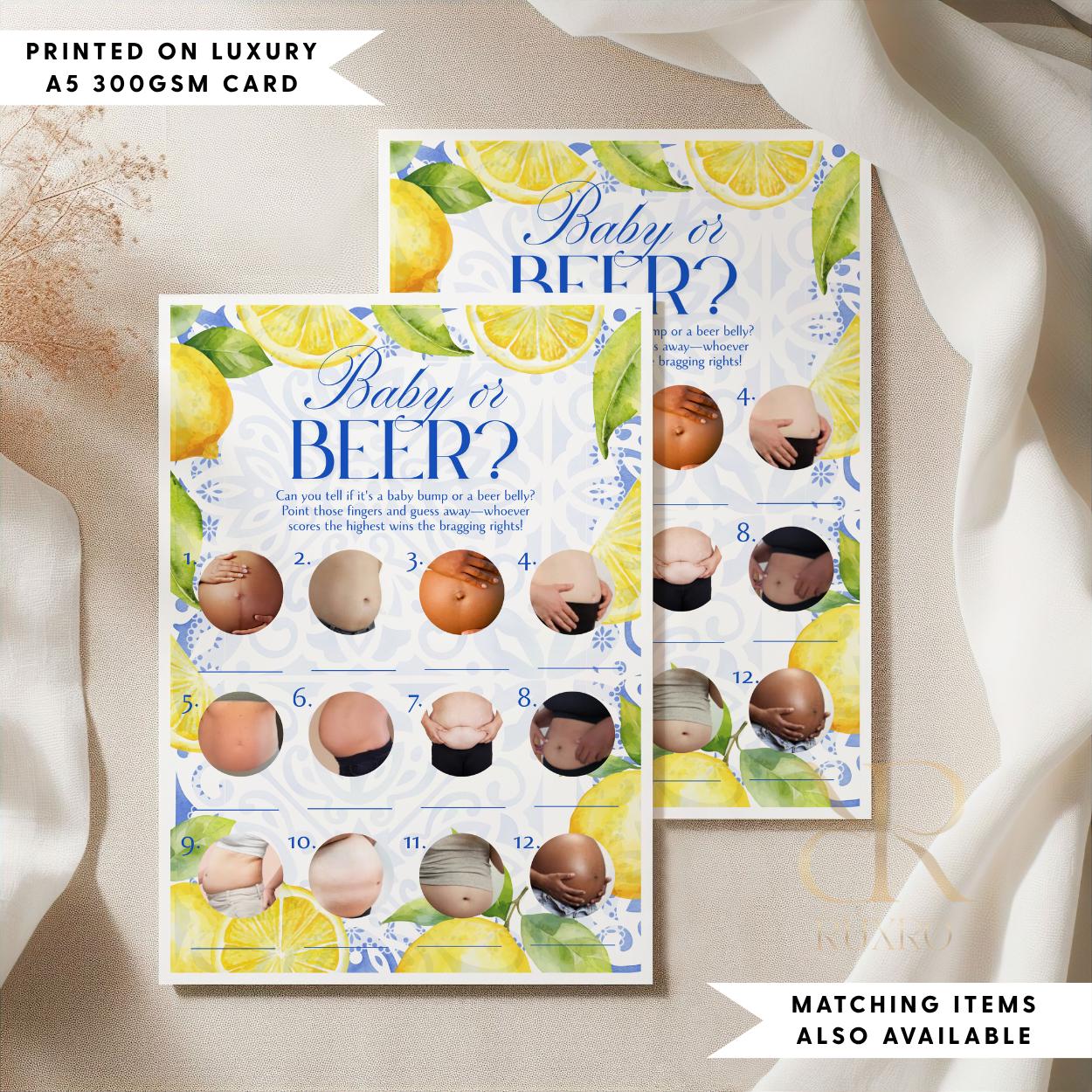 Baby or Beer baby shower game card in a lemon Amalfi Coast theme