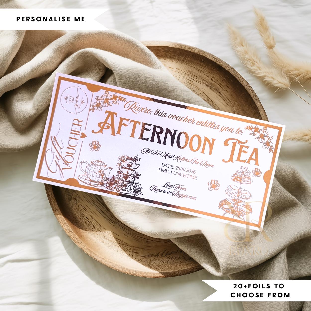 Personalised foil afternoon tea gift voucher keepsake