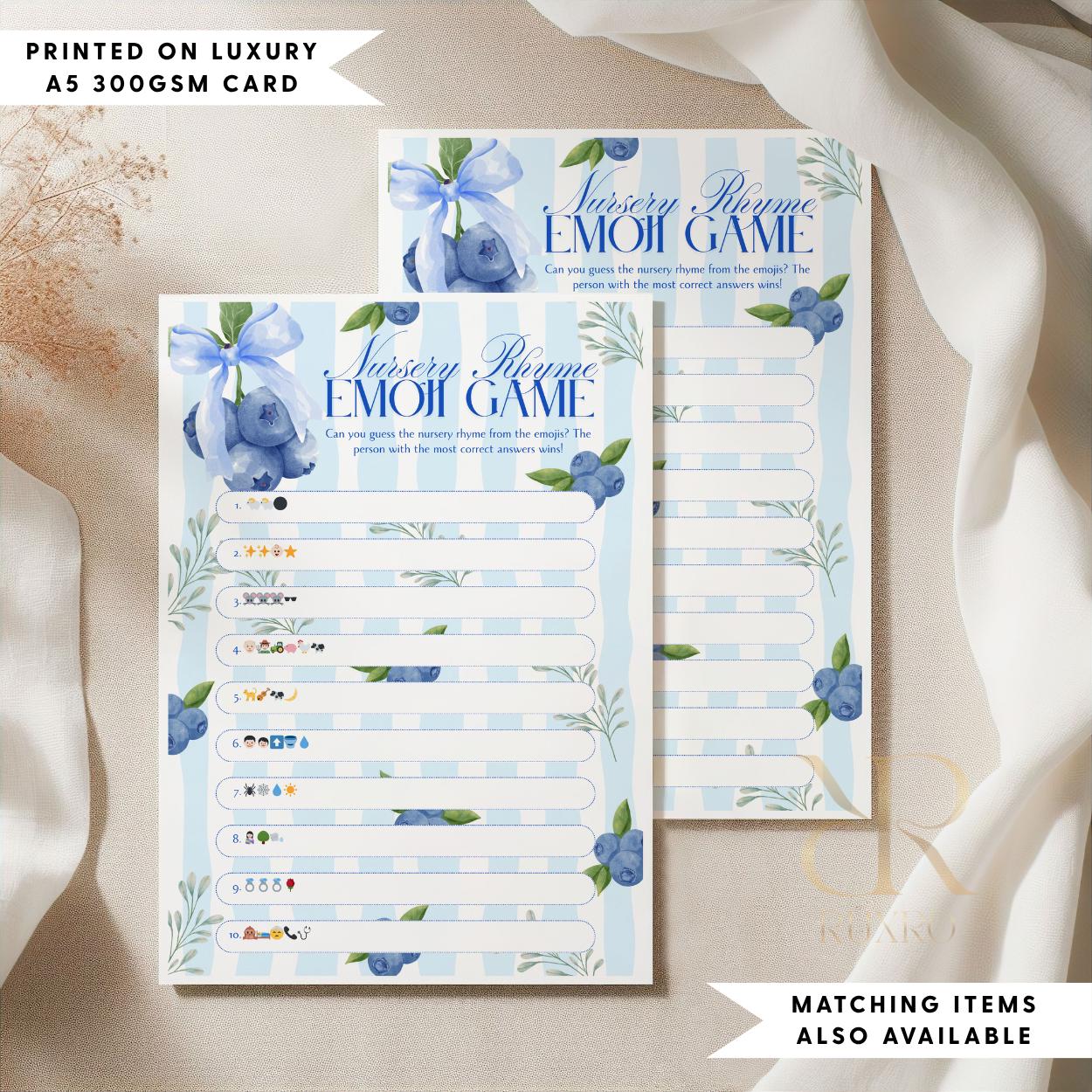 Nursery rhyme emoji baby shower game card in a blueberry theme