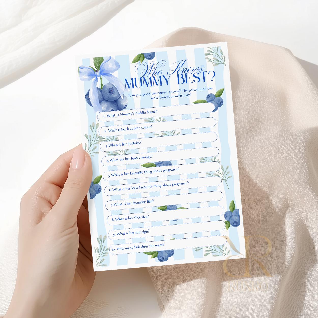 Who Knows Mummy Best baby shower game card in a blueberry theme