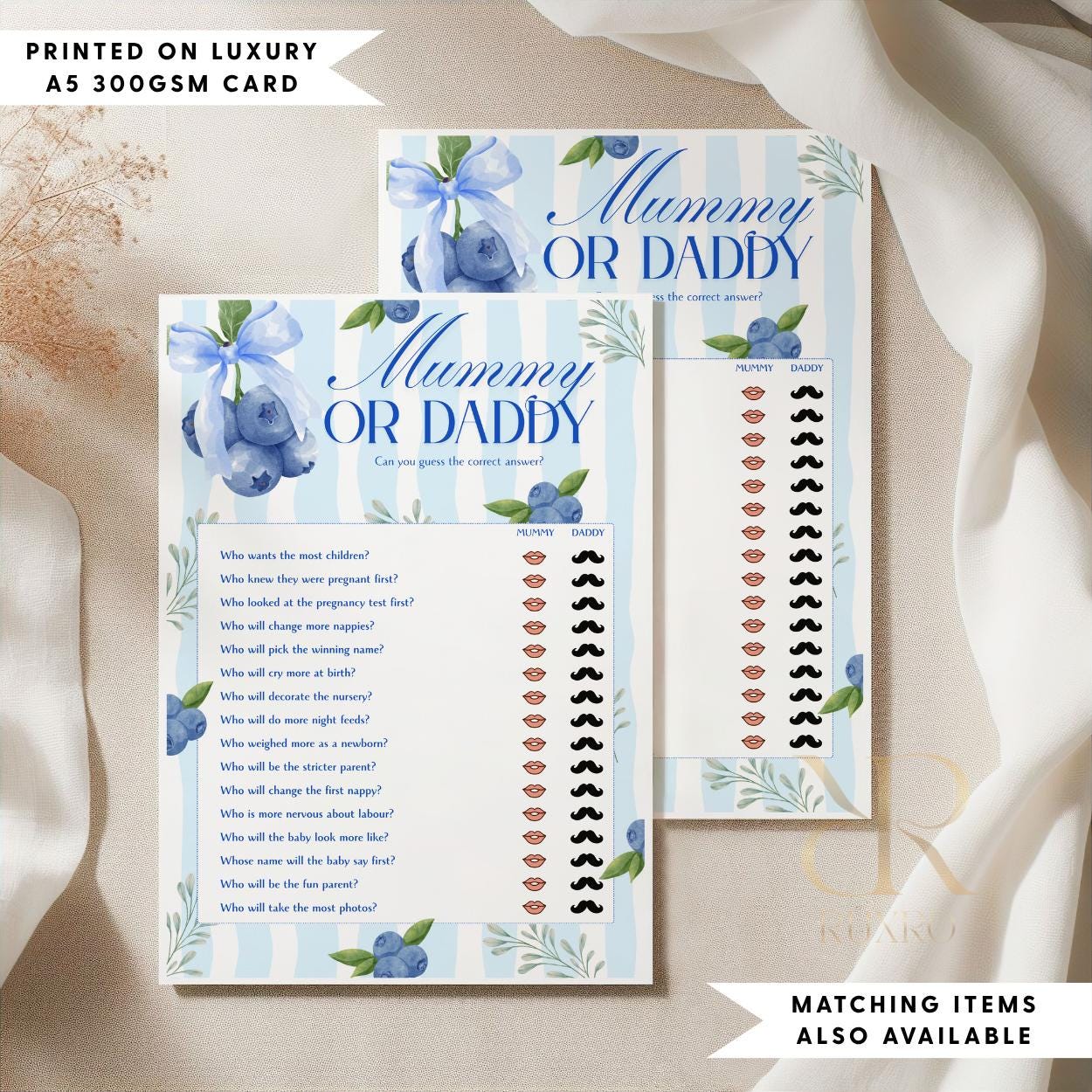 Mummy or Daddy baby shower game card in a blueberry theme