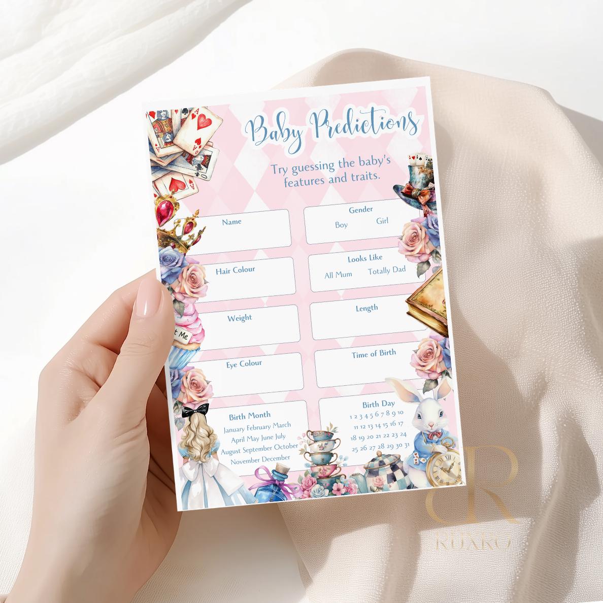 Baby predictions baby shower game card in an Alice in Wonderland Mad Hatter theme