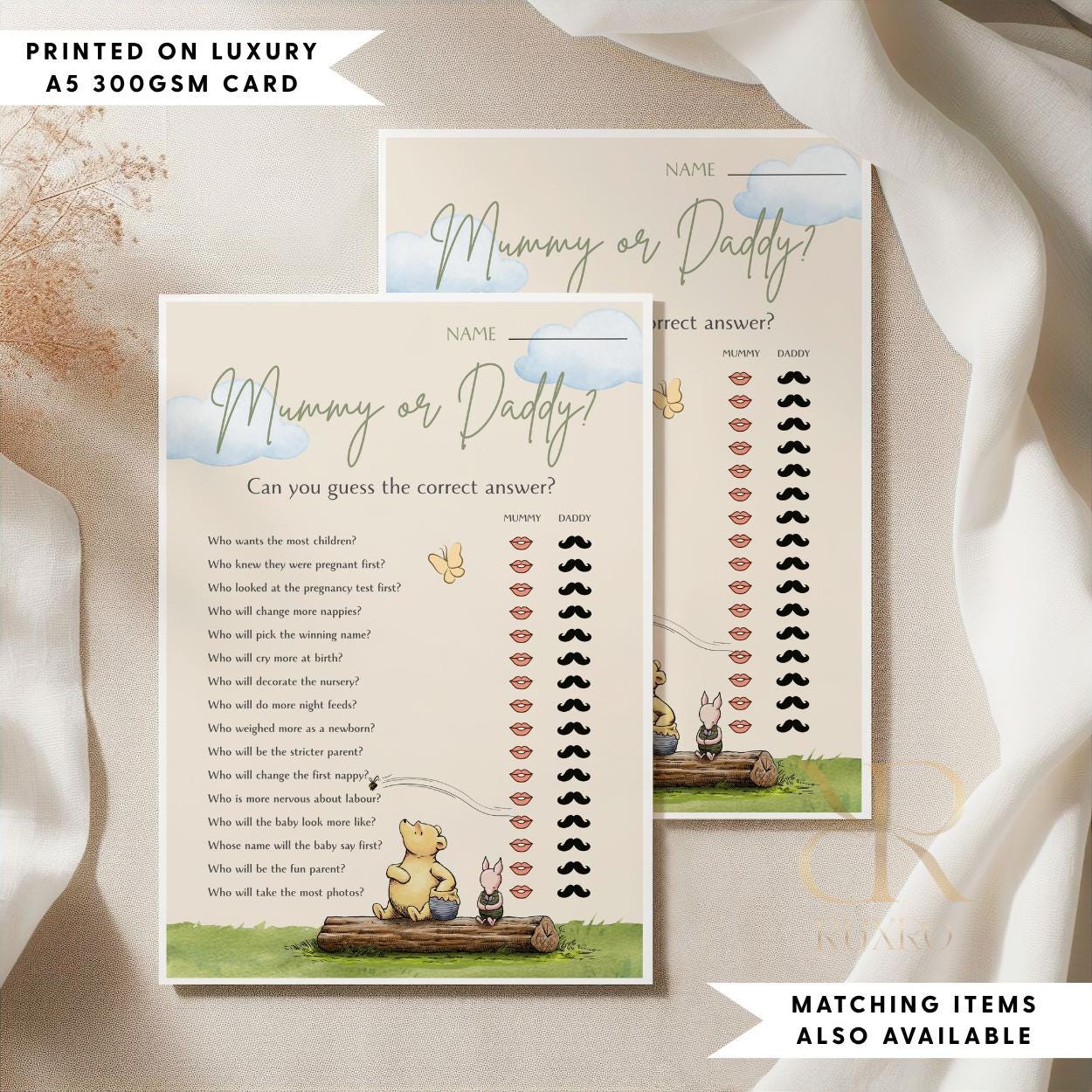 Mummy or Daddy baby shower game card in a Classic Winnie the Pooh theme