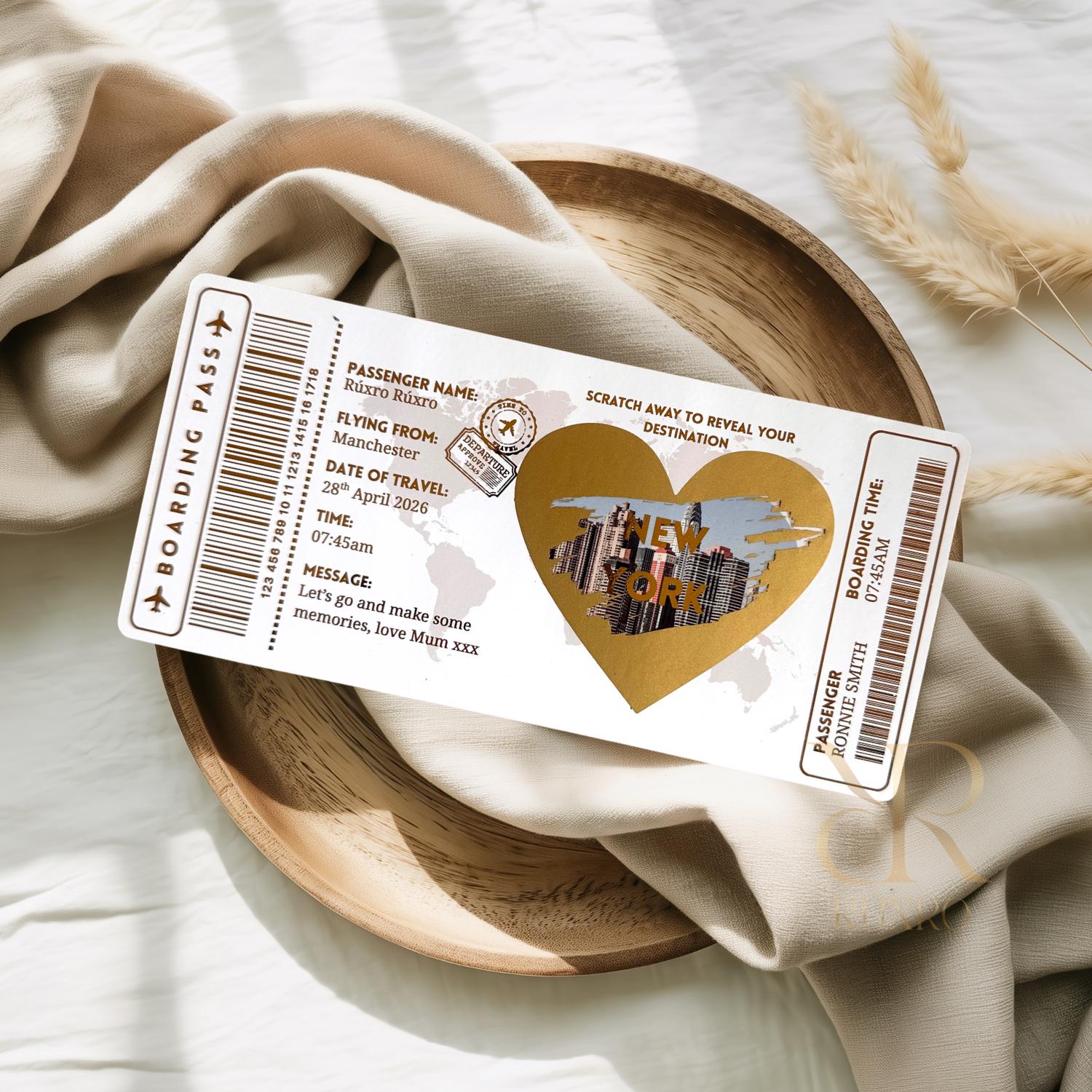 Personalised scratch off boarding pass reveal ticket