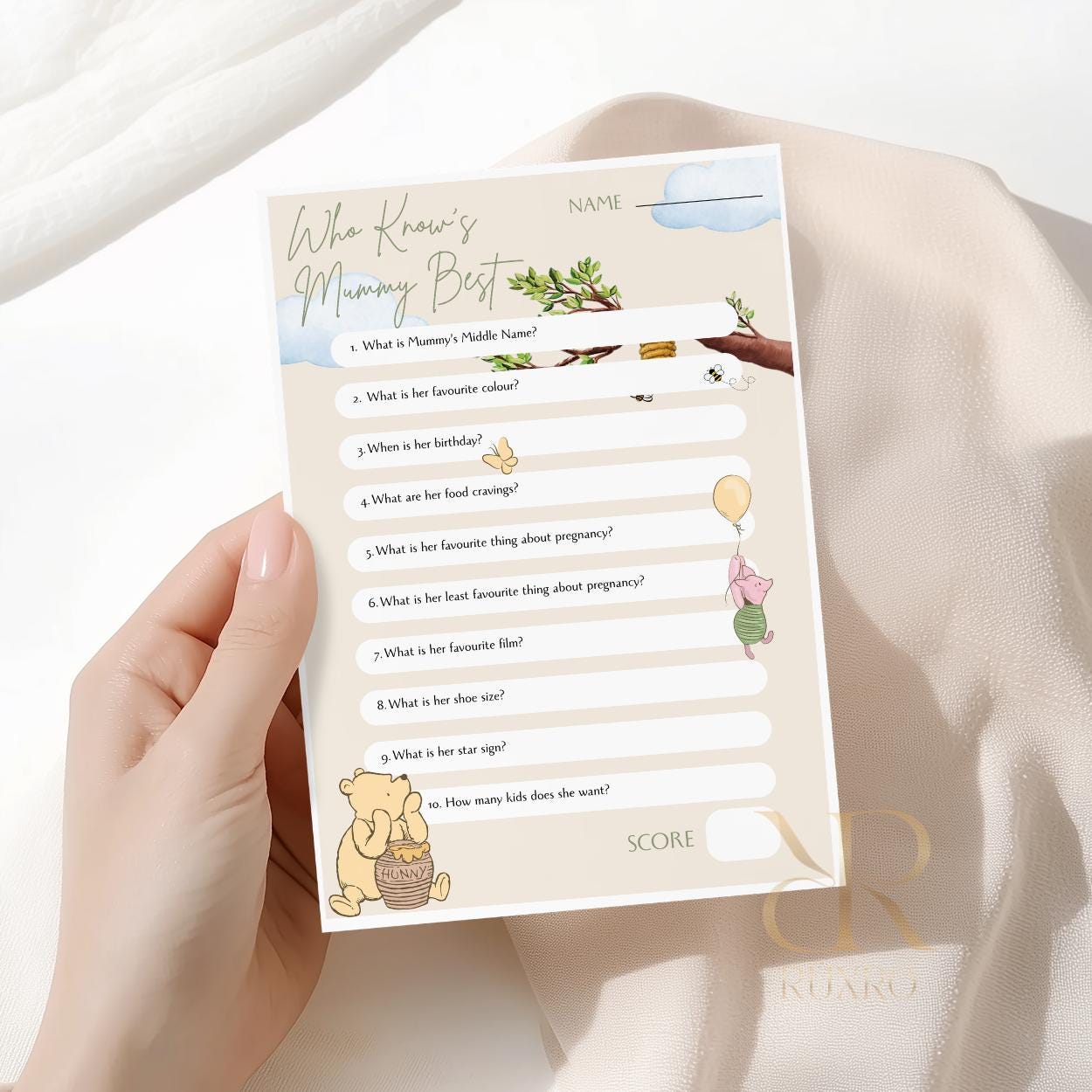Who Knows Mummy Best baby shower game card in a Classic Winnie the Pooh theme