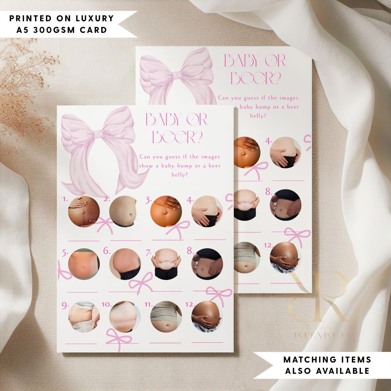 Baby or Beer baby shower game card in a pink bow theme