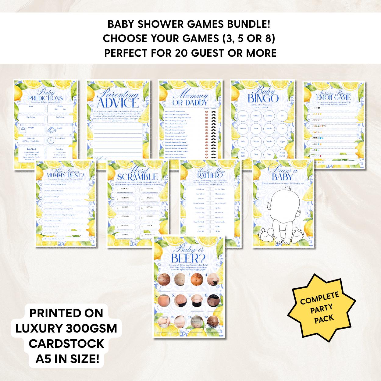 Baby shower games bundle in a lemon Amalfi Coast theme
