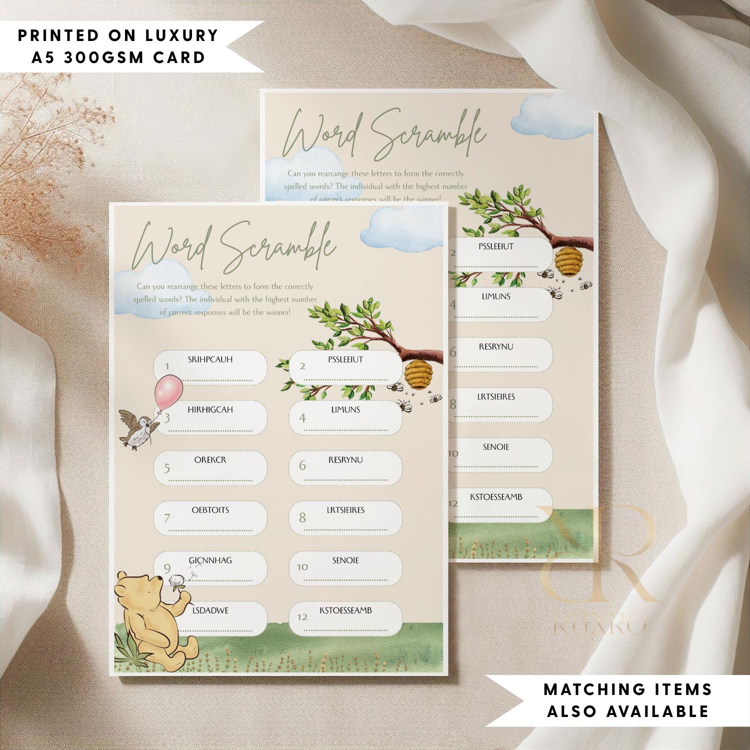 Word scramble baby shower game card in a Classic Winnie the Pooh theme