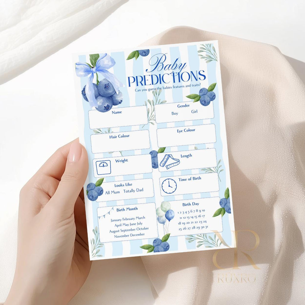 Baby predictions baby shower game card in a blueberry theme