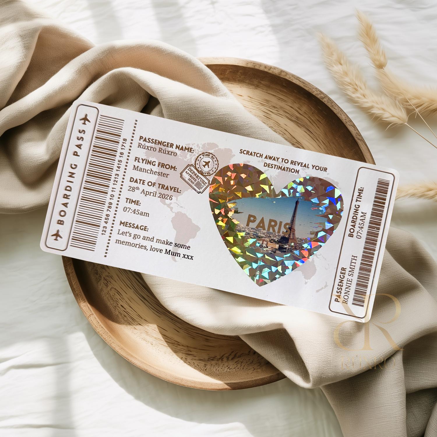 Personalised scratch off boarding pass reveal ticket