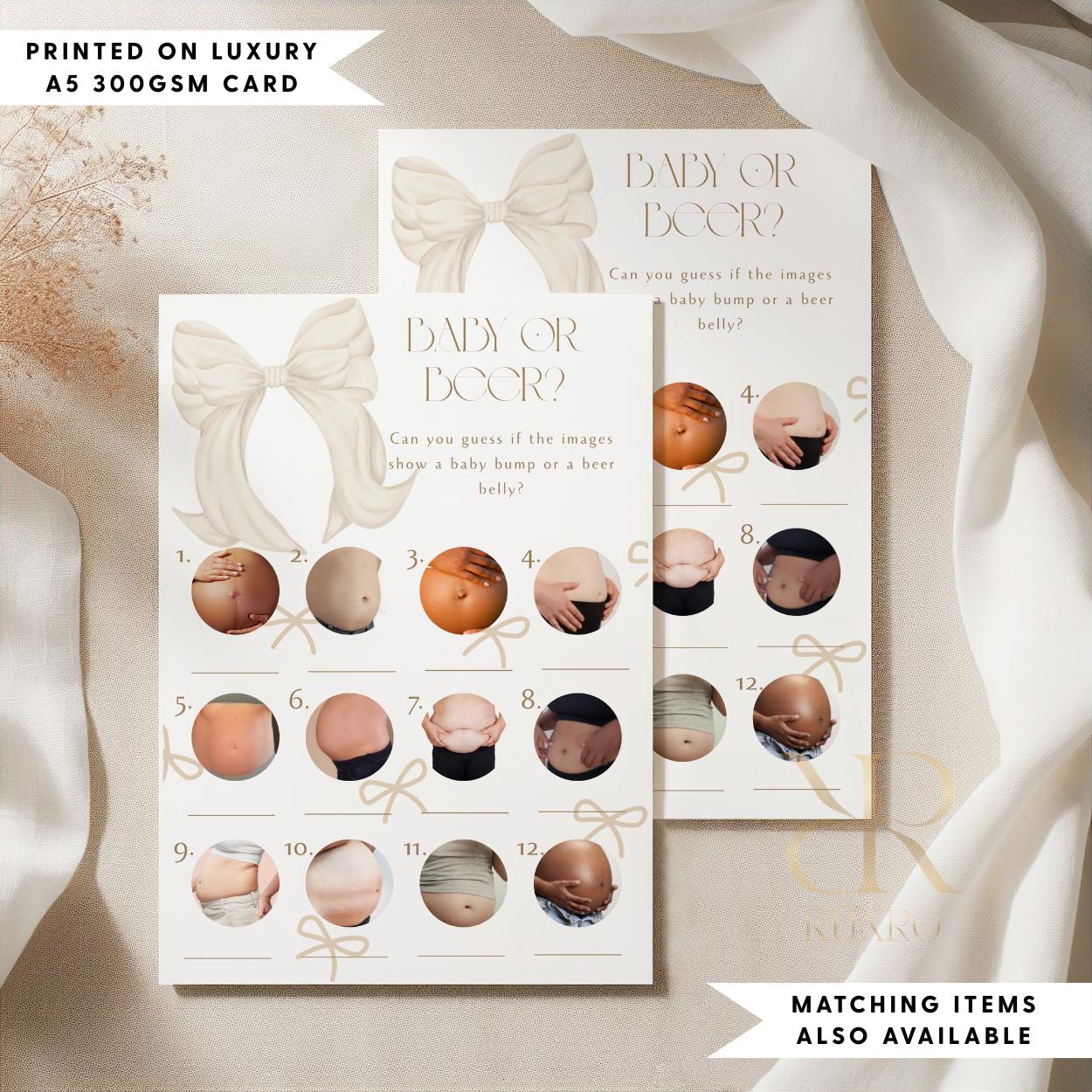 Baby or Beer baby shower game card in a neutral bow theme