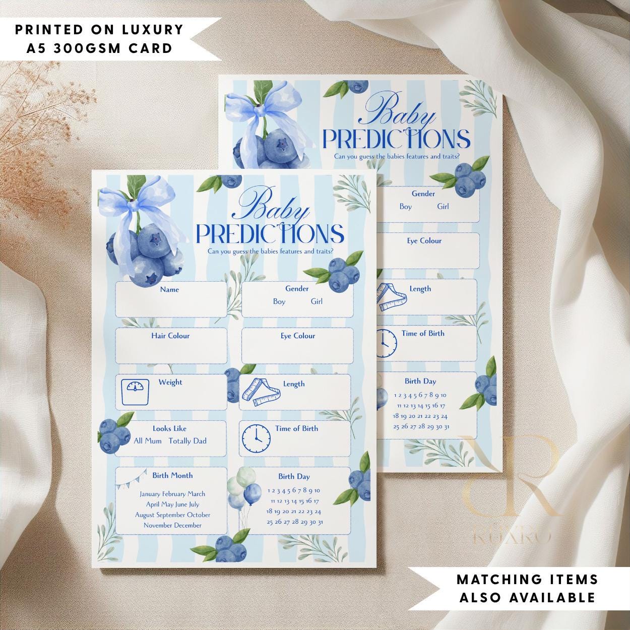 Baby predictions baby shower game card in a blueberry theme