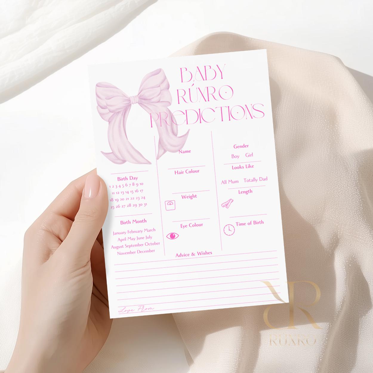 Baby predictions baby shower game card in a pink bow theme