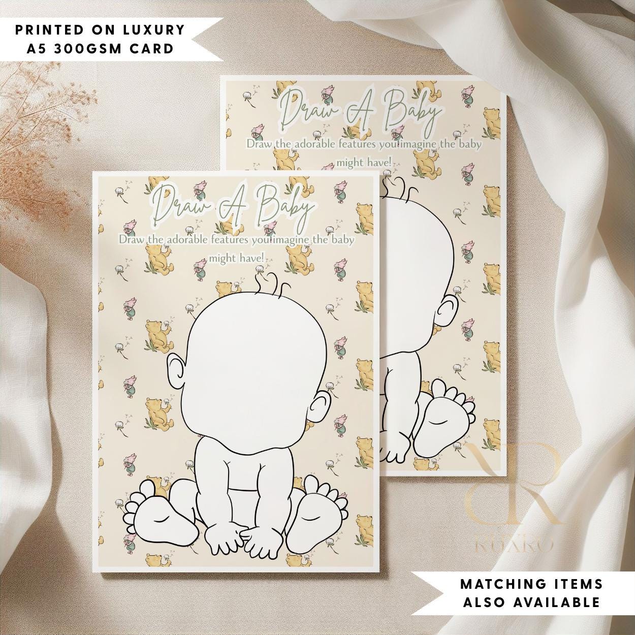 Draw a Baby baby shower game card in a Classic Winnie the Pooh theme