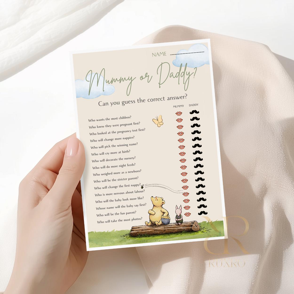 Mummy or Daddy baby shower game card in a Classic Winnie the Pooh theme