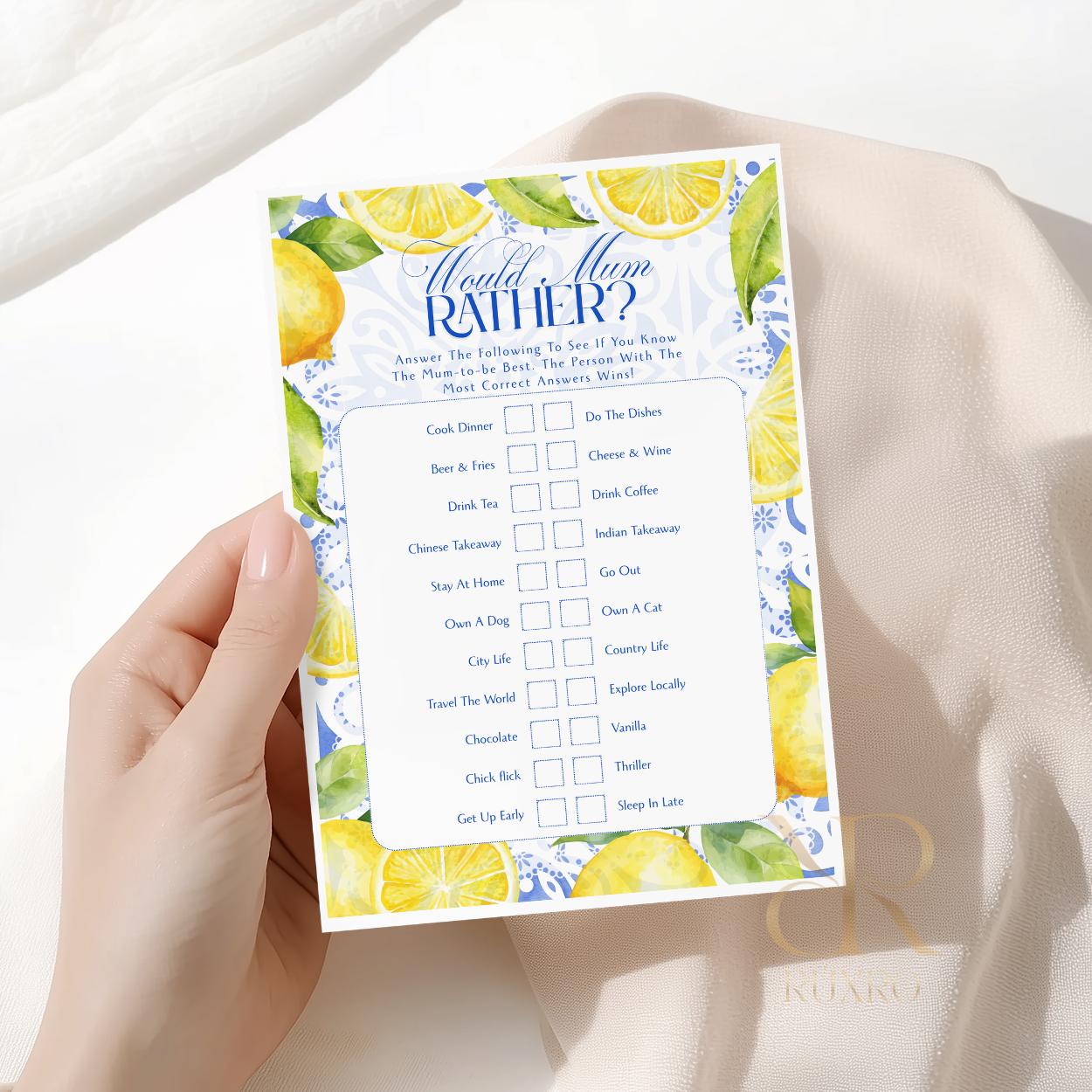 Would Mum Rather baby shower game card in a lemon Amalfi Coast theme