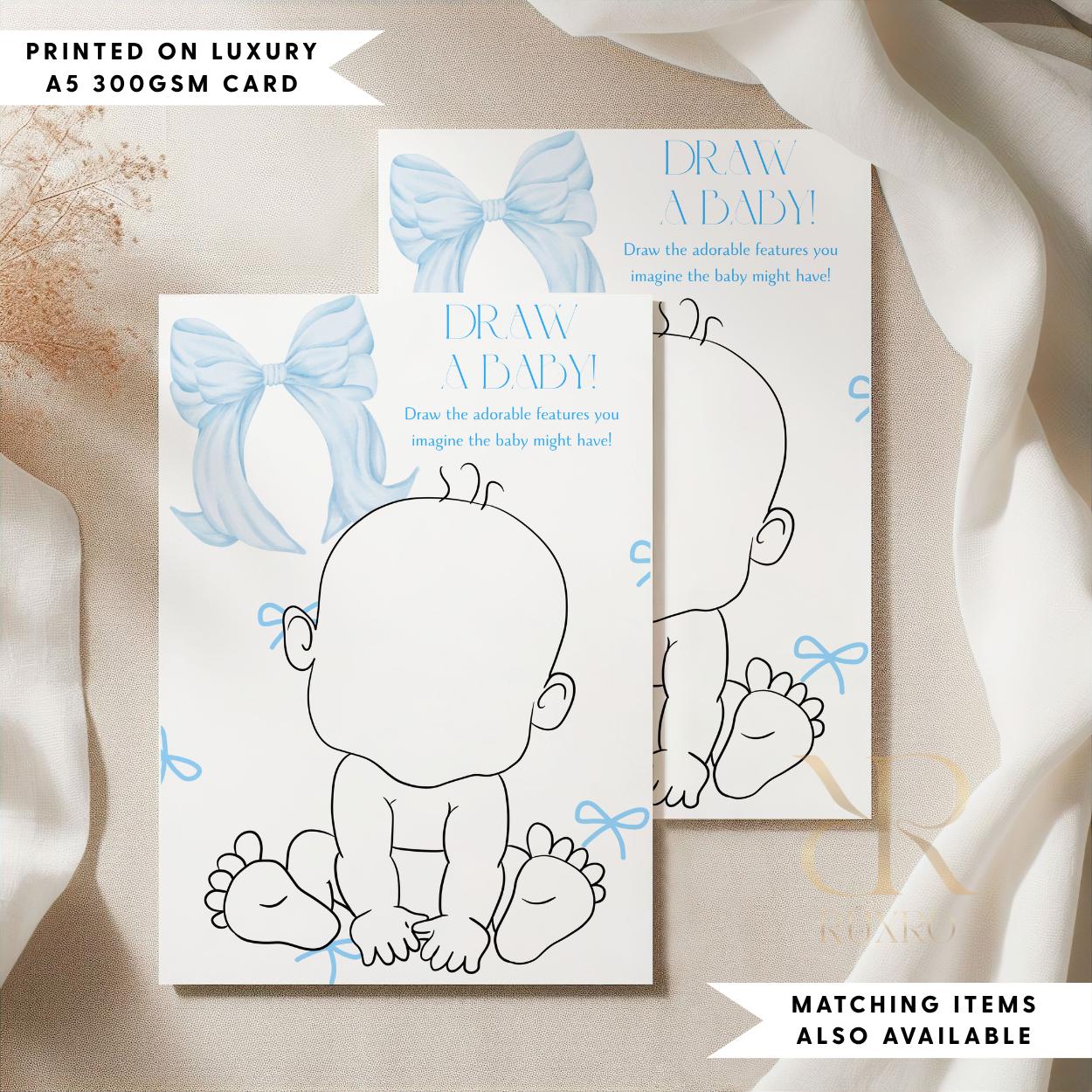 Draw a Baby baby shower game card in a blue bow theme