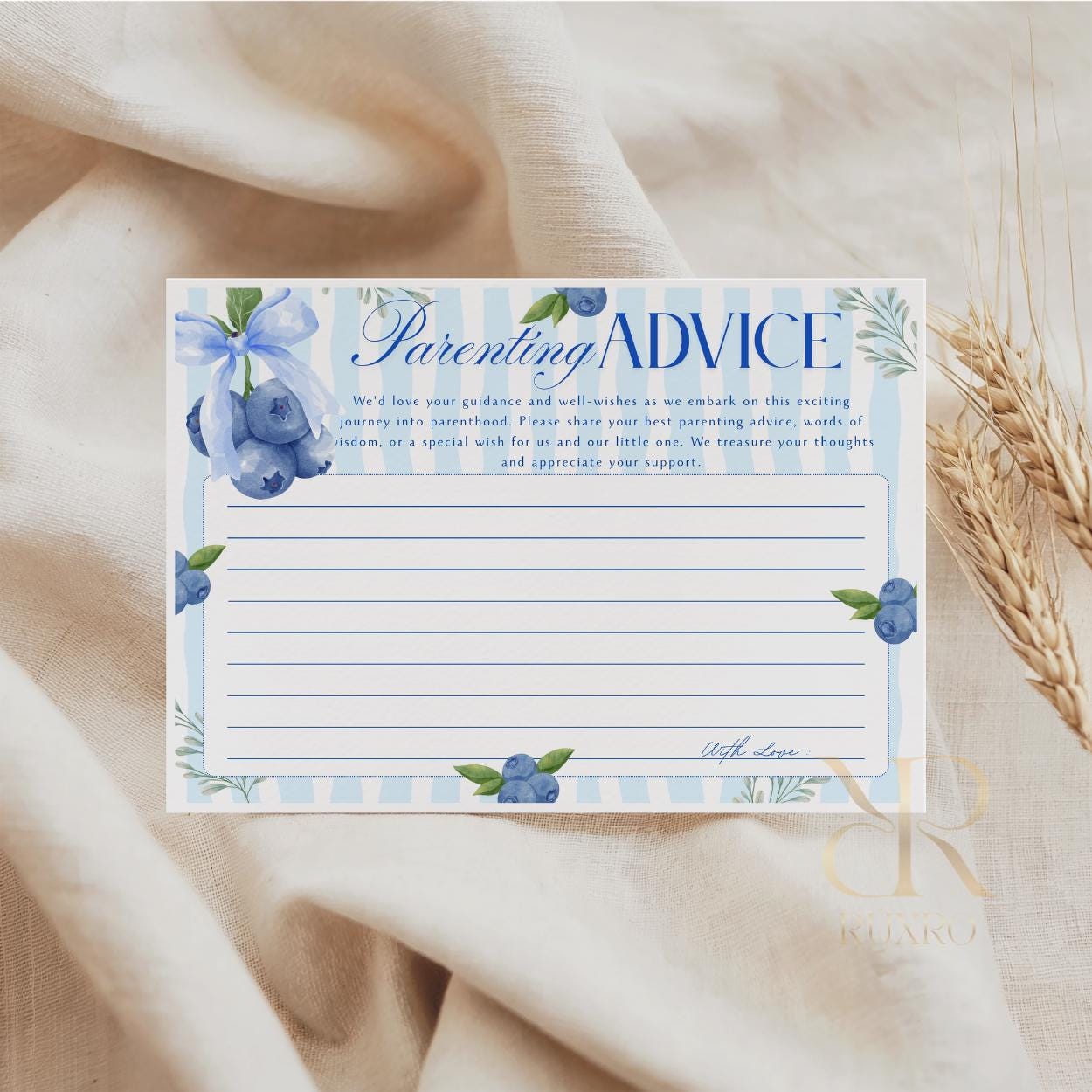 Parenting advice baby shower cards in a blueberry theme