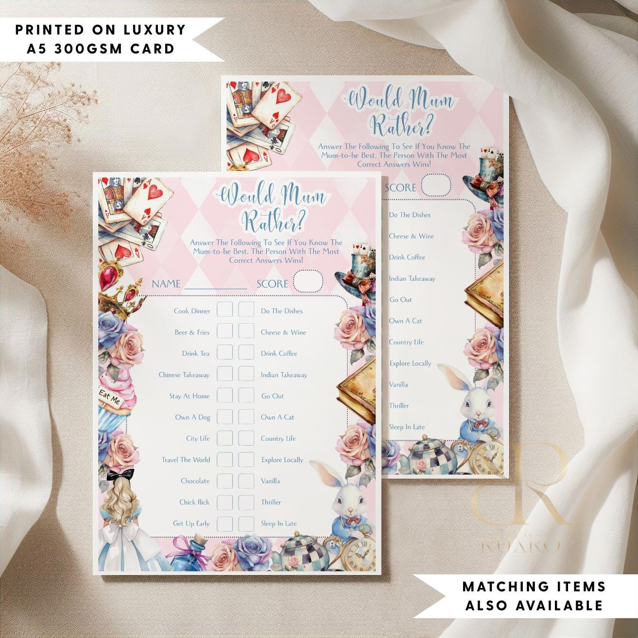 Would Mum Rather baby shower game card in an Alice in Wonderland Mad Hatter theme