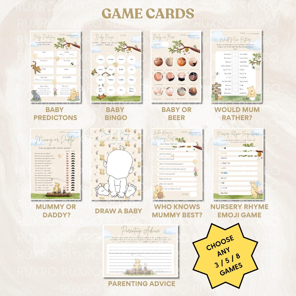 Baby shower games bundle in a Classic Winnie the Pooh theme