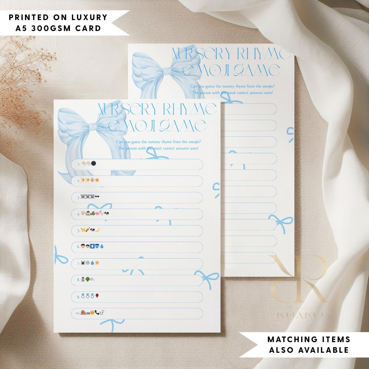 Nursery rhyme emoji baby shower game card in a blue bow theme