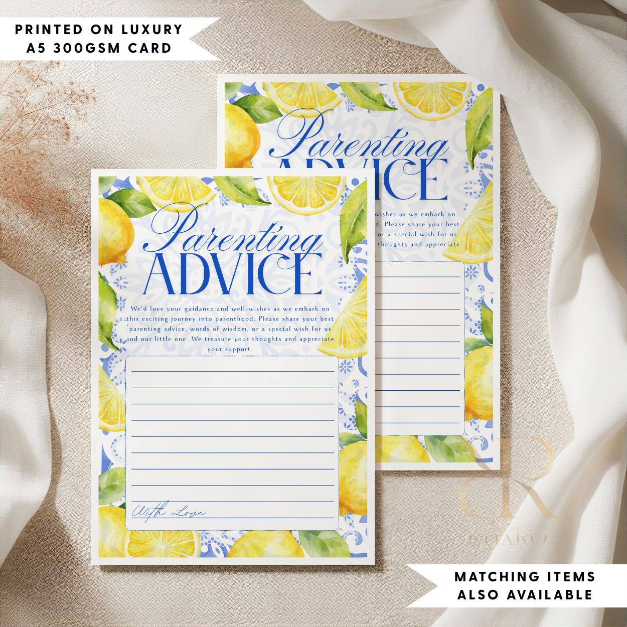 Parenting advice baby shower cards in a lemon Amalfi Coast theme