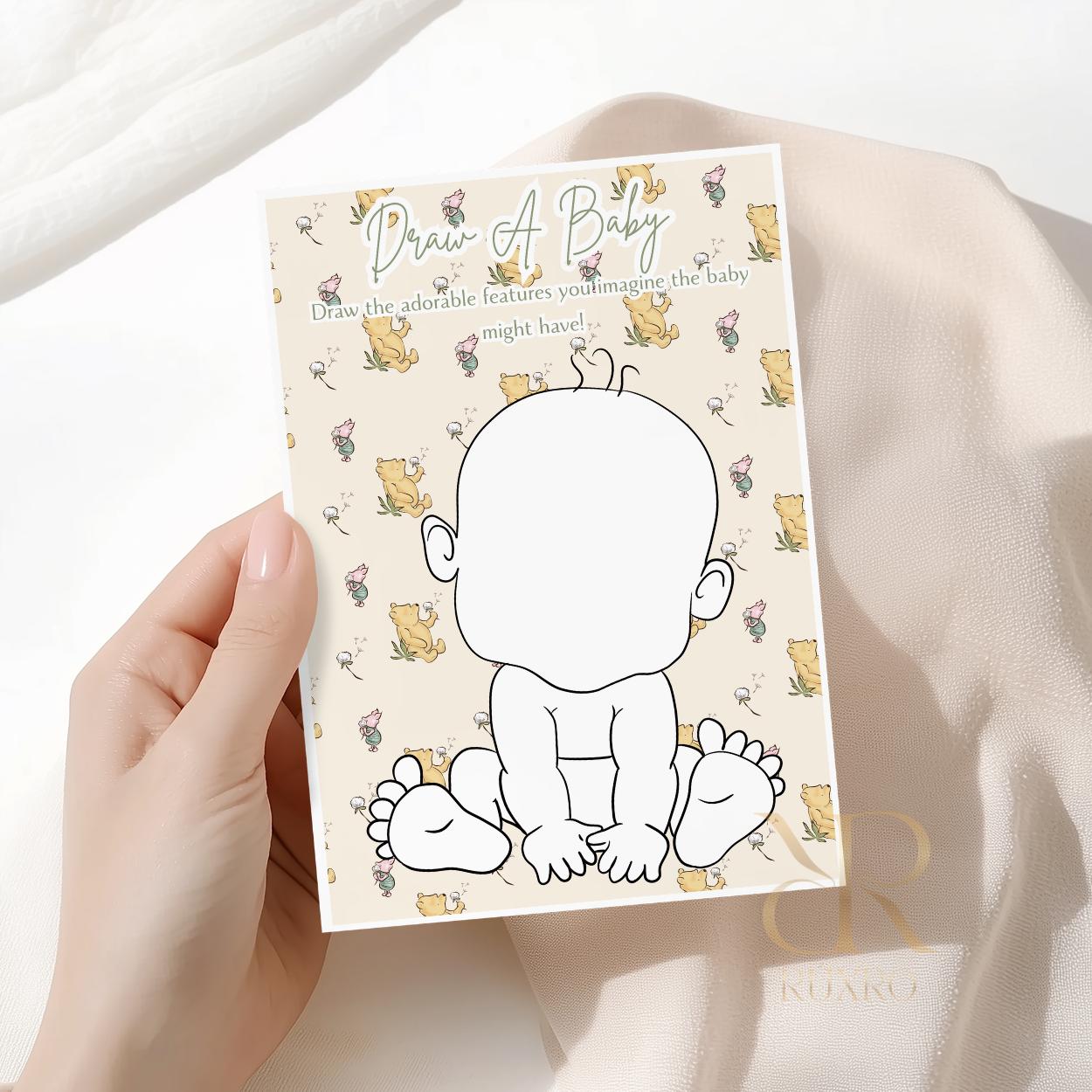 Draw a Baby baby shower game card in a Classic Winnie the Pooh theme