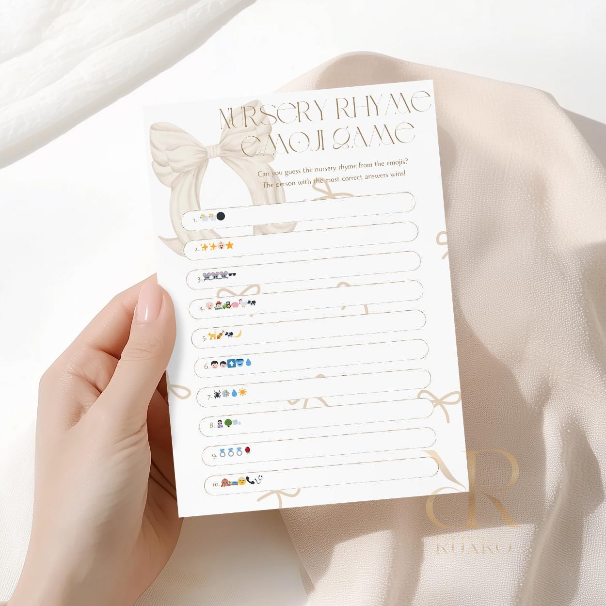 Nursery rhyme emoji baby shower game card in a neutral bow theme