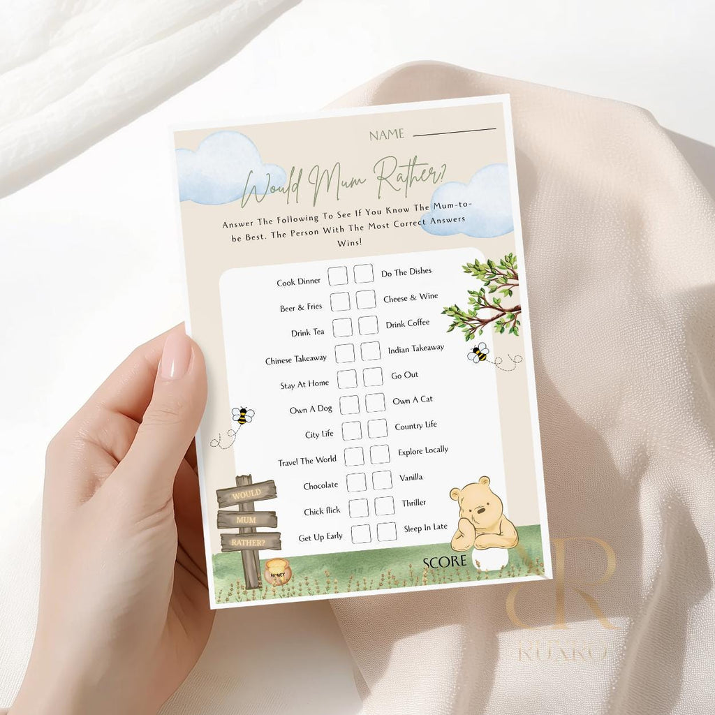 Would Mum Rather baby shower game card in a Classic Winnie the Pooh theme