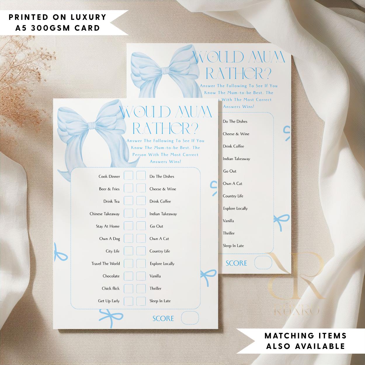 Would Mum Rather baby shower game card in a blue bow theme
