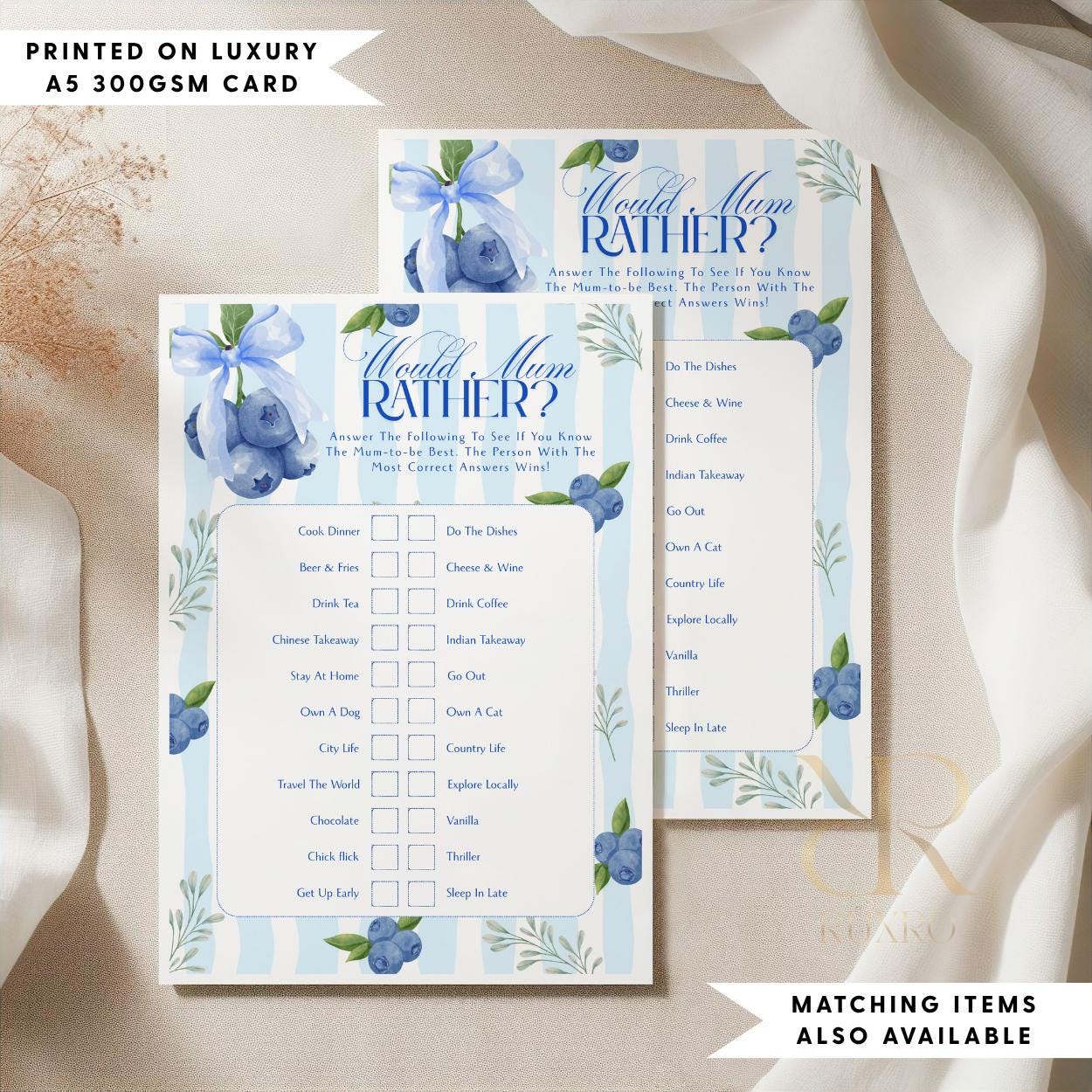 Would Mum Rather baby shower game card in a blueberry theme