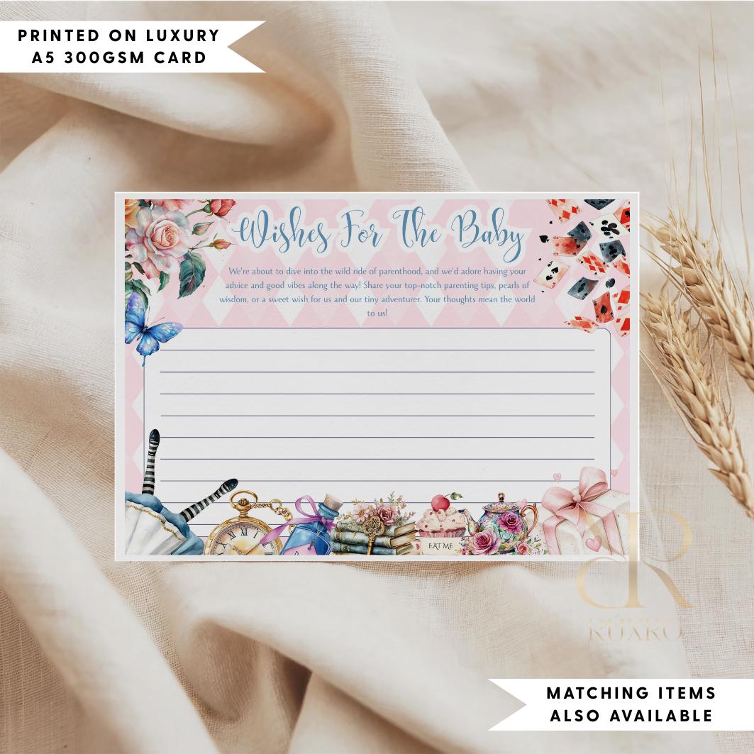 Wishes and advice baby shower cards in an Alice in Wonderland Mad Hatter theme