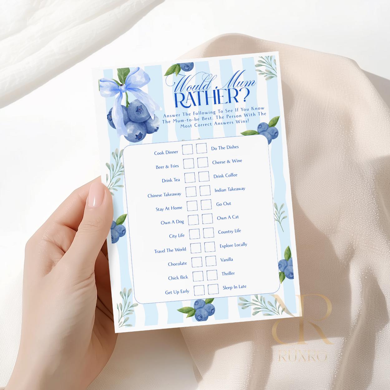 Would Mum Rather baby shower game card in a blueberry theme