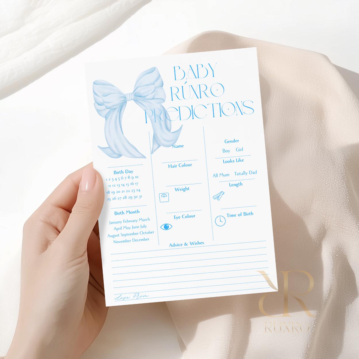 Baby predictions baby shower game card in a blue bow theme