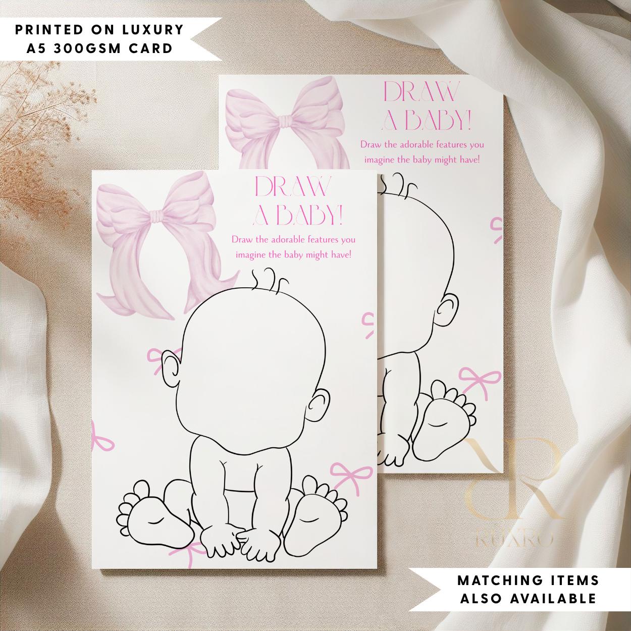 Draw a Baby baby shower game card in a pink bow theme