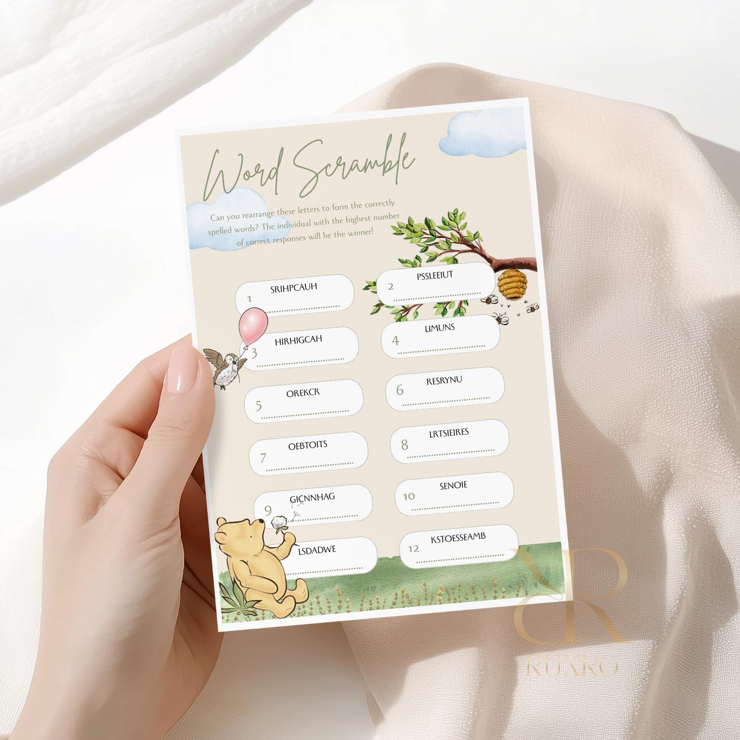 Word scramble baby shower game card in a Classic Winnie the Pooh theme