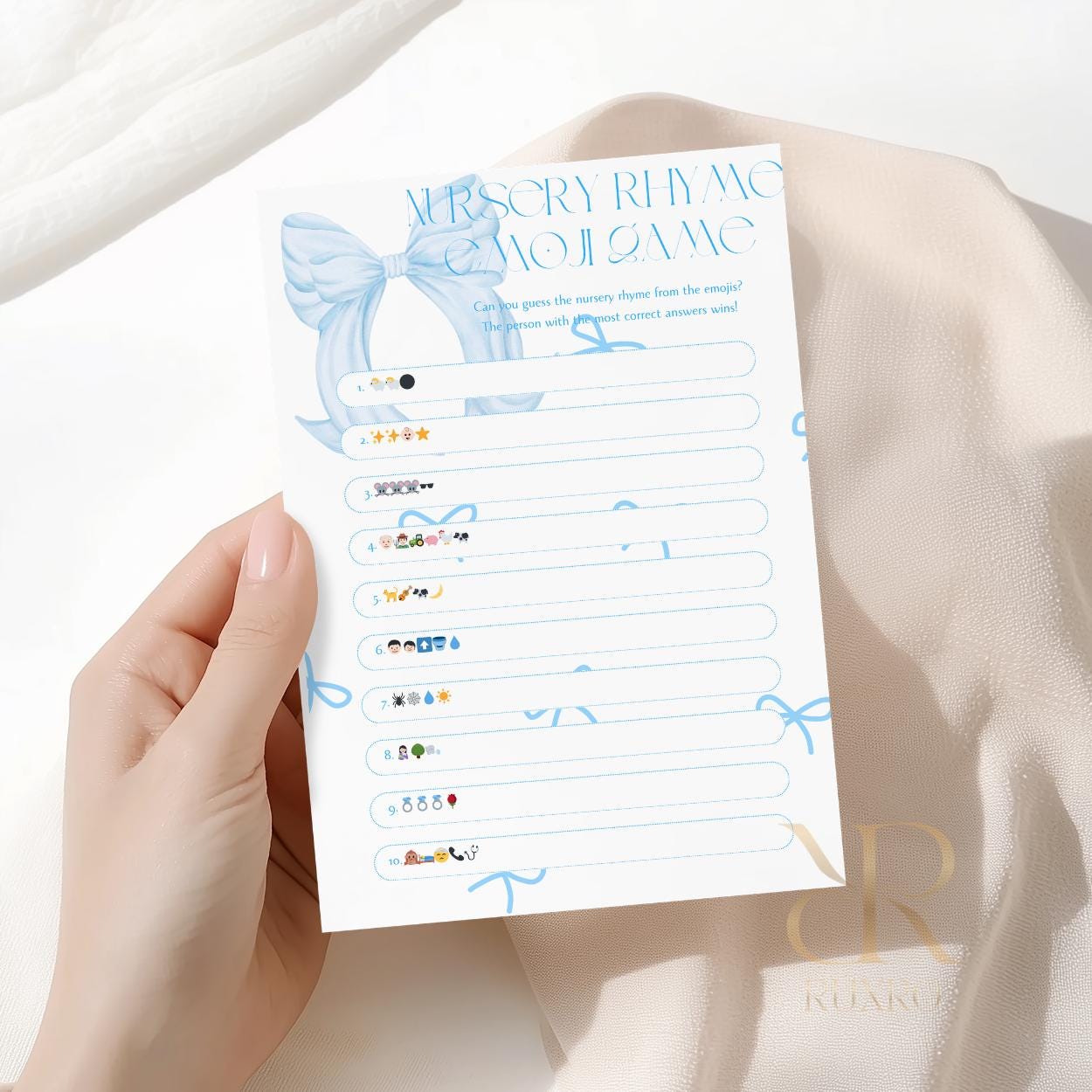 Nursery rhyme emoji baby shower game card in a blue bow theme
