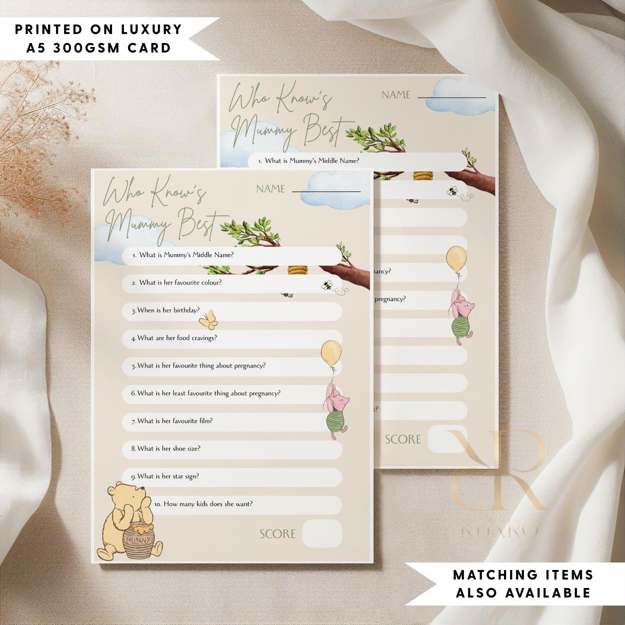 Who Knows Mummy Best baby shower game card in a Classic Winnie the Pooh theme
