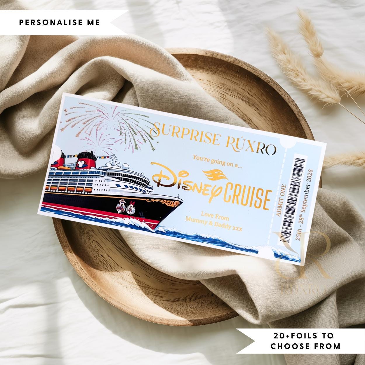 Personalised foil cruise reveal ticket keepsake