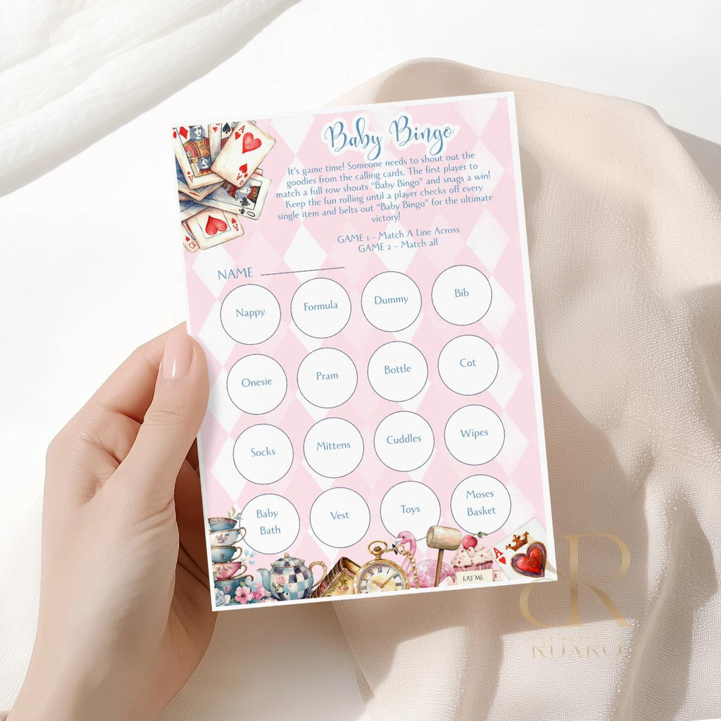 Baby bingo baby shower game cards in an Alice in Wonderland Mad Hatter theme