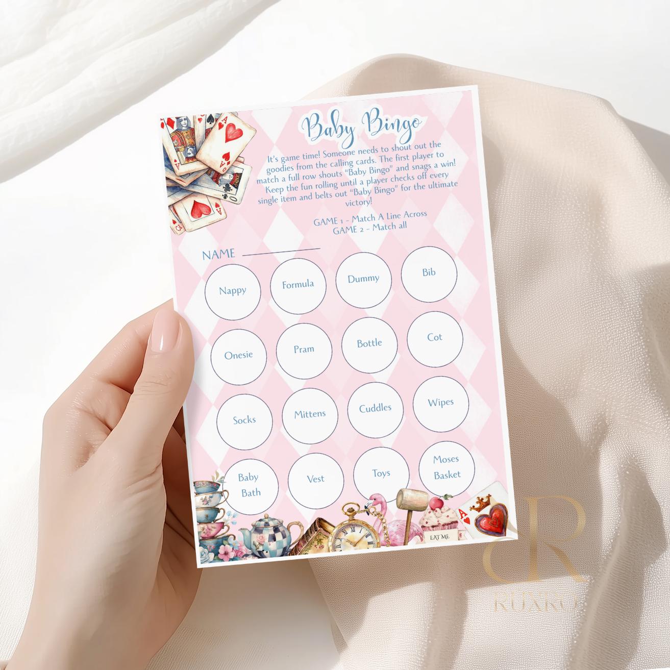 Baby bingo baby shower game cards in an Alice in Wonderland Mad Hatter theme