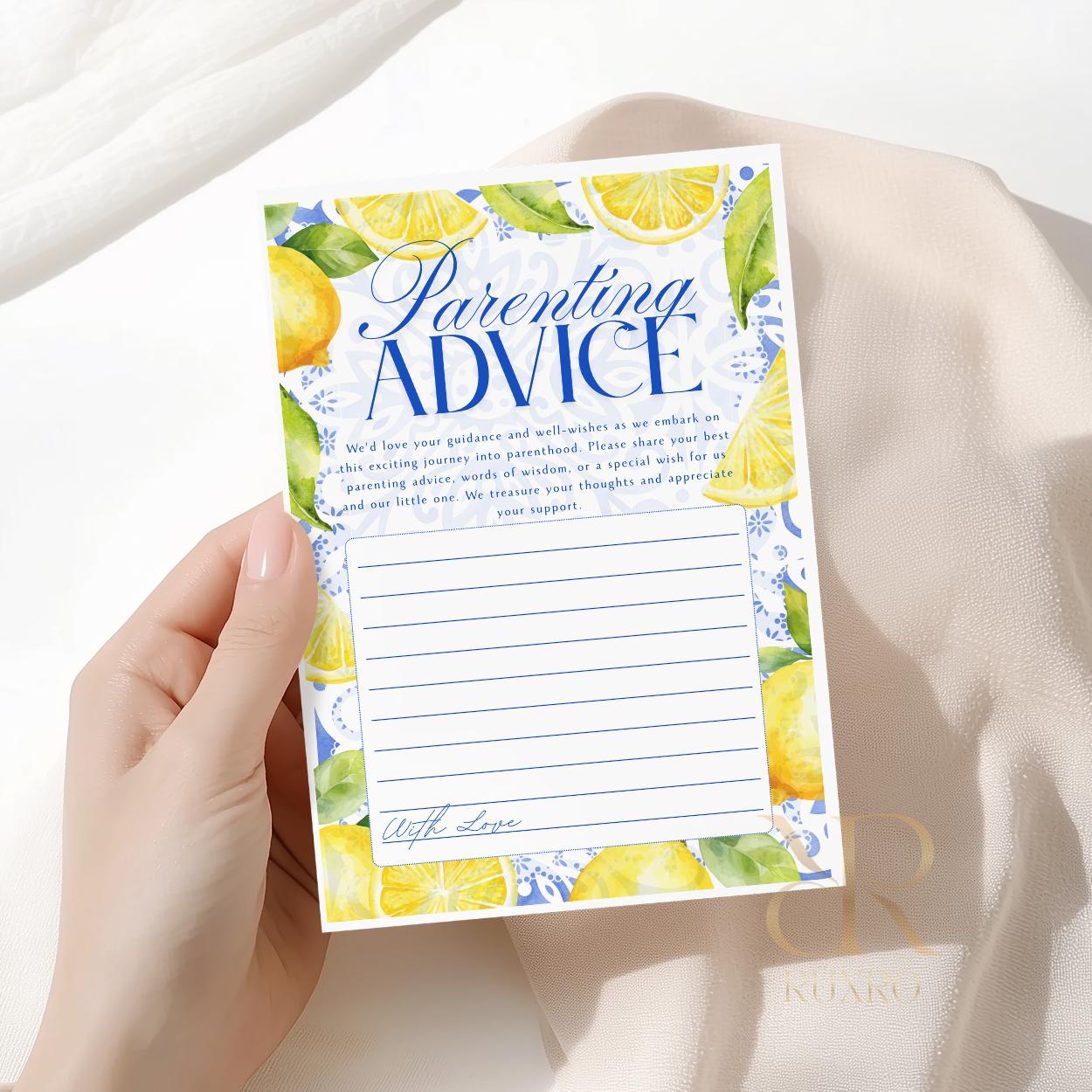 Parenting advice baby shower cards in a lemon Amalfi Coast theme