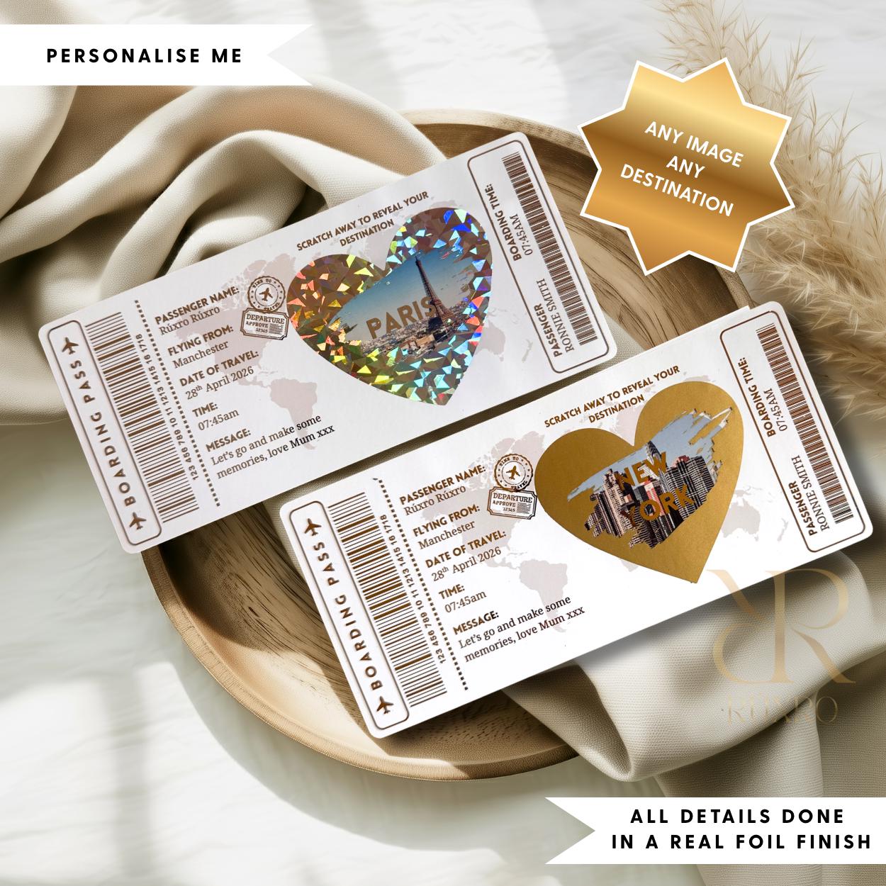 Personalised scratch off boarding pass reveal ticket